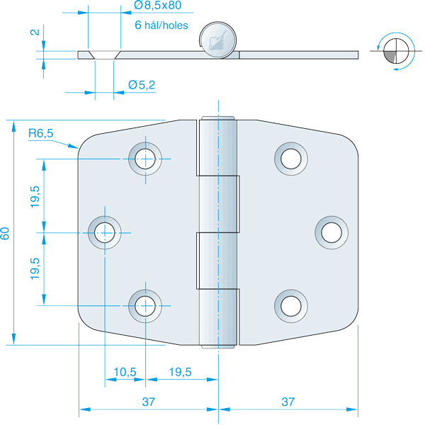 Roca gångjärn 74x60mm AISI304